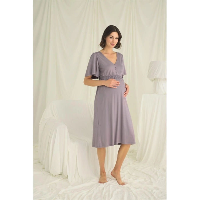 Dantelli Önden Düğmeli Hamile Lohusa Gecelik