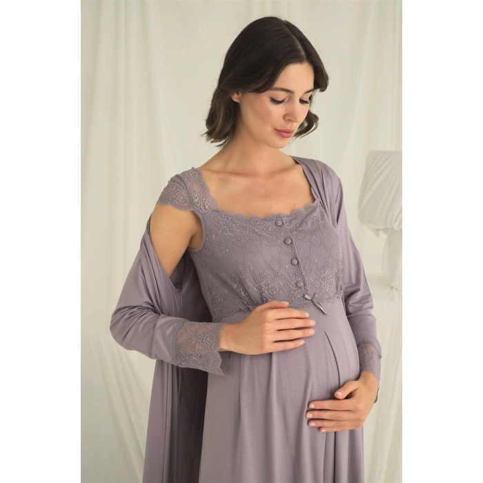 Dantelli Önü Düğmeli Hamile Lohusa Sabahlık Takımı