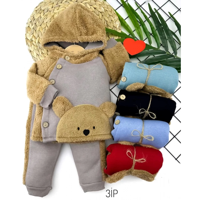 Düğme Kapamalı Kapşonlu Ceket Welsoft Detaylı 2li Erkek Bebek Takımı Bej