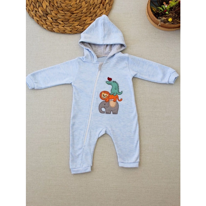 Ef Çizgi Boy Fermuarlı Hvanlar Alemi Nakışlı Kapşonlu Kız Erkek Bebek Tulumu Mavi