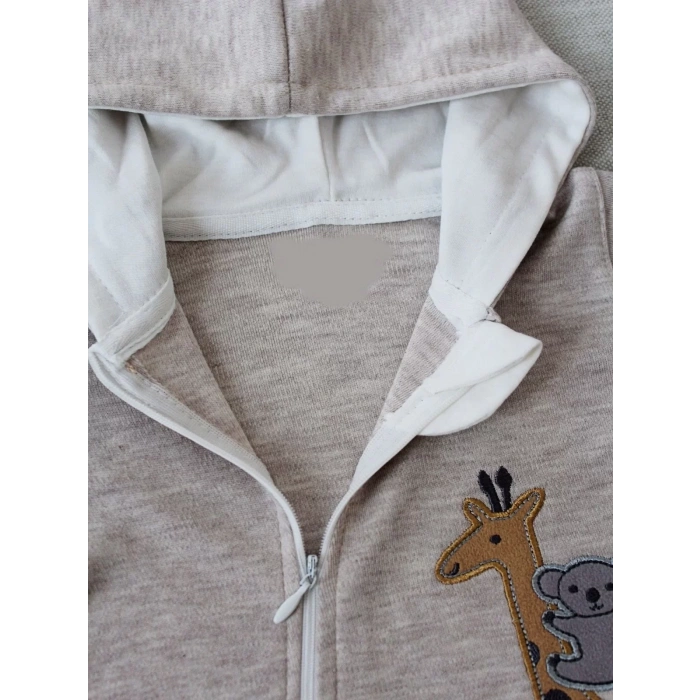 Ef Çizgi Boy Fermuarlı Zürafa Nakışlı Kapşonlu Kız Erkek Bebek Tulumu Kahvemelanj