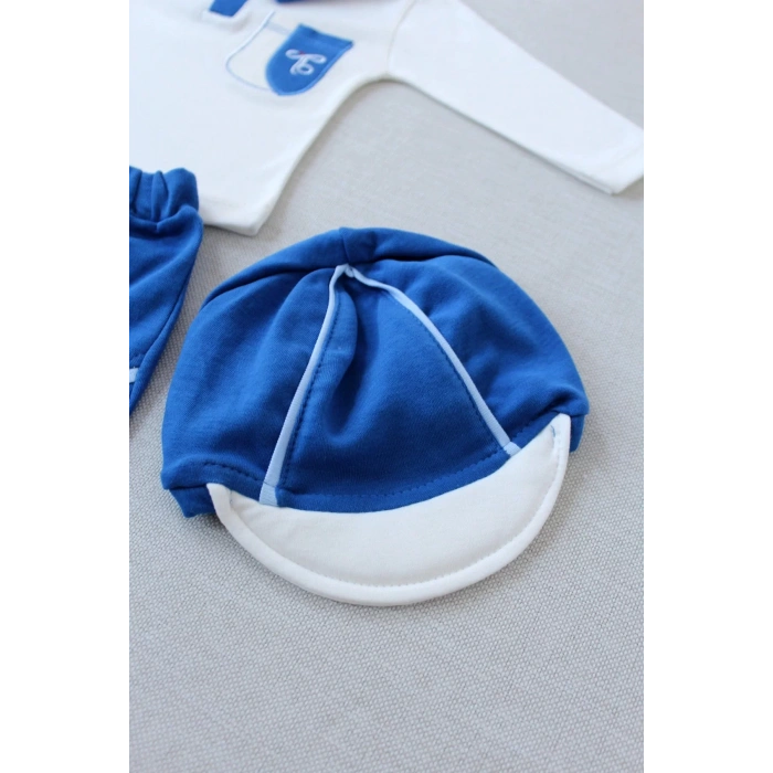 Efendi Nakışlı Cep Şapkalı Uzun Kollu Sweat 3lü Erkek Bebek Takımı İndigo