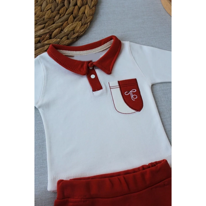 Efendi Nakışlı Cep Şapkalı Uzun Kollu Sweat 3lü Erkek Bebek Takımı Kiremit