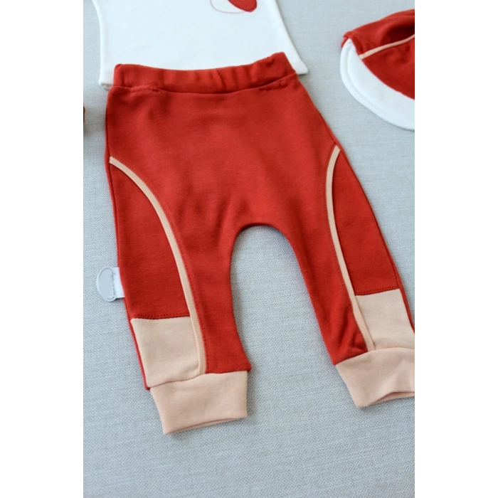 Efendi Nakışlı Cep Şapkalı Uzun Kollu Sweat 3lü Erkek Bebek Takımı Kiremit