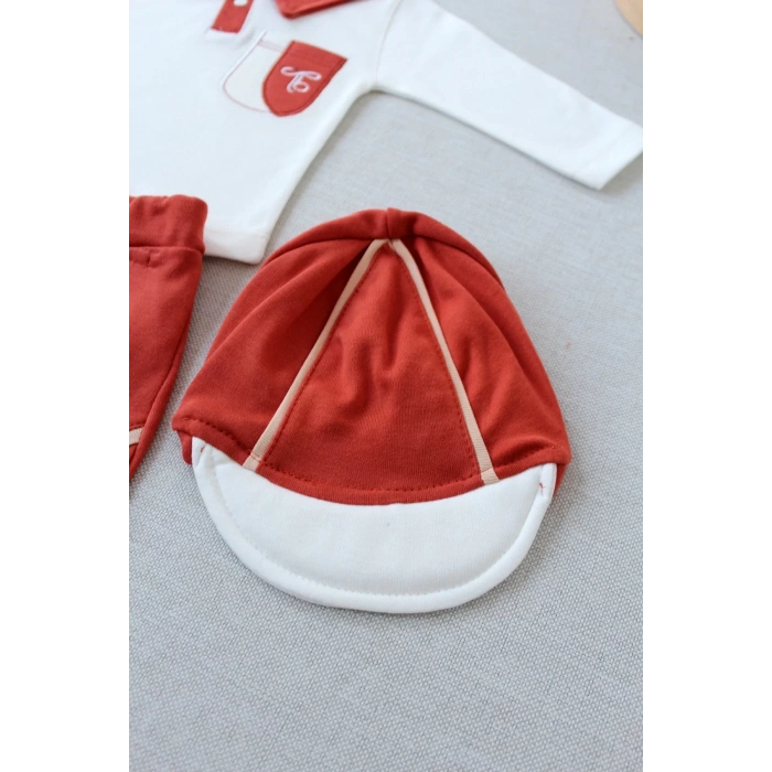 Efendi Nakışlı Cep Şapkalı Uzun Kollu Sweat 3lü Erkek Bebek Takımı Kiremit