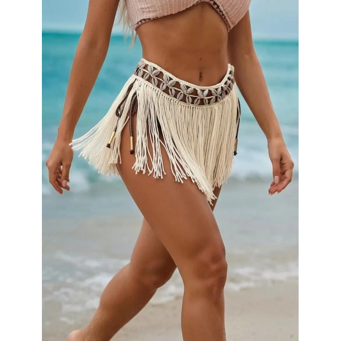Ekru Bikini Üstü Deniz Kabuklu Püsküllü Pareo,beachwear,bikini Üstü El Emeği Plaj Eteği,bohem Etek