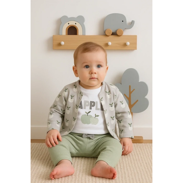 Elma Desenli Ceketli 3lü Kız Bebek Takımı