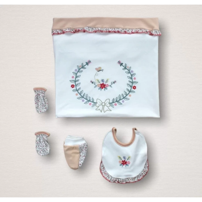 Erguvan Taç Nakışlı %100 Cotton Antibakteriyel Kız Bebek 10lu Zıbın Takımı Hastane Çıkışı Nar Çiçeği