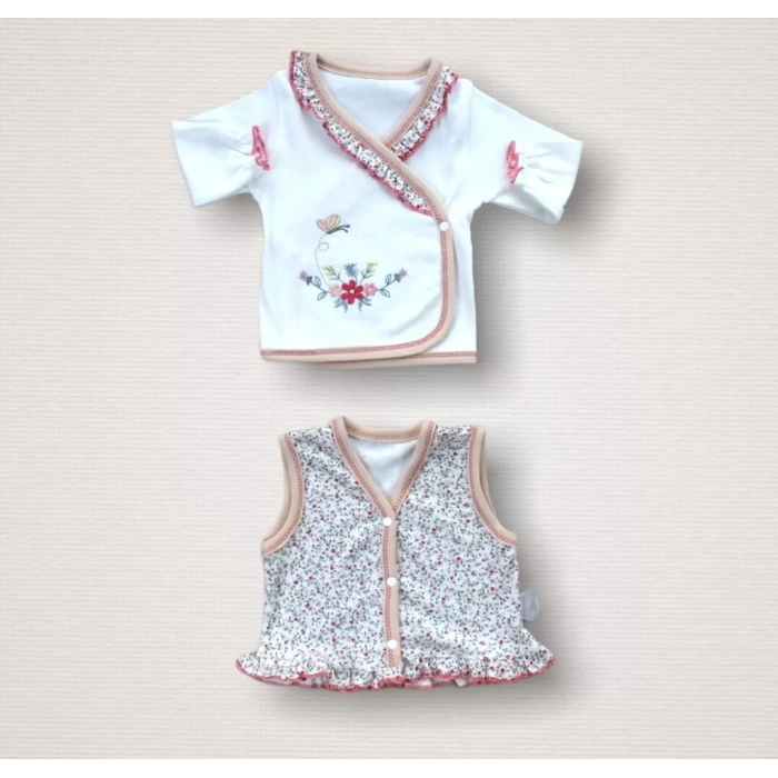Erguvan Taç Nakışlı %100 Cotton Antibakteriyel Kız Bebek 10lu Zıbın Takımı Hastane Çıkışı Nar Çiçeği