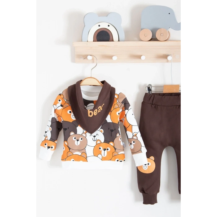 Family Bears Desenli 3lü Fularlı Erkek Bebek Takımı