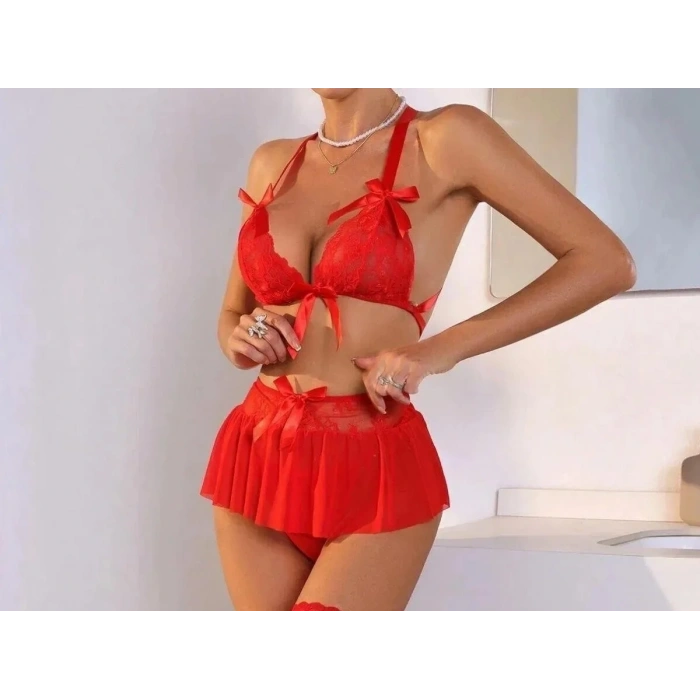 Fantazi Kırmızı Dantelli Fiyonklu Seksi Babydol