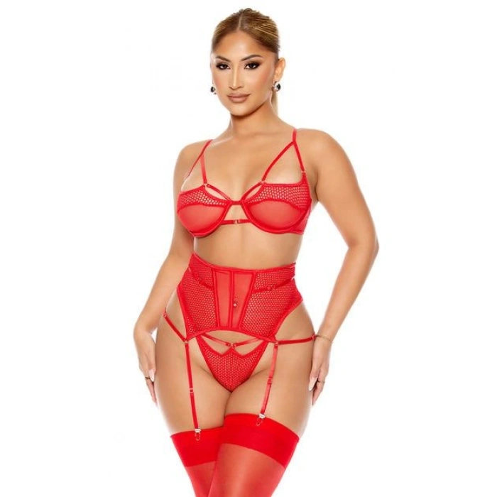 Fantezi File Tül Detaylı Kırmızı Jartiyer  Takım