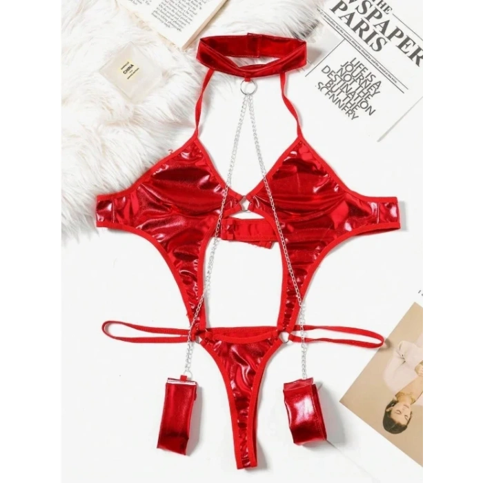 Fantezi Seksi Zincirli Kelepçeli Lame Gecelik