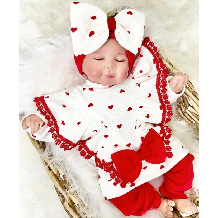 Fiyonklu Kalp Desenli % 100 Pamuk 3lü Kız Takım