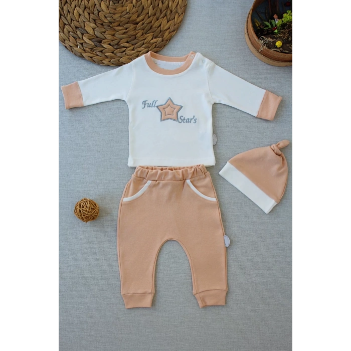 Full Star Nakışlı Şapkalı Uzun Kollu Sweat 3lü Erkek Bebek Takımı Buğd