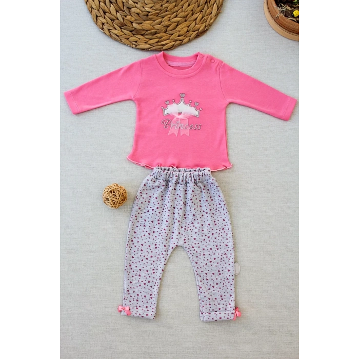 Full Star Nakışlı Şapkalı Uzun Kollu Sweat 3lü Erkek Bebek Takımı Fuşya