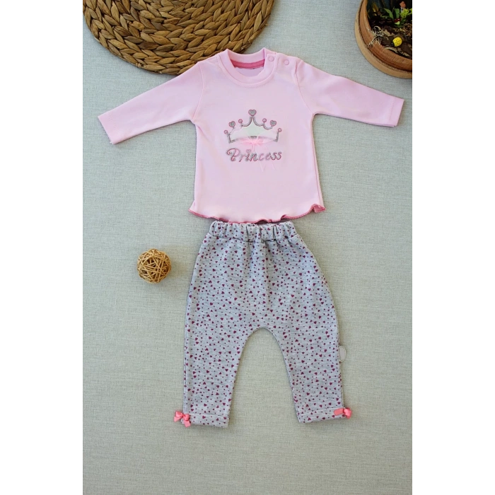 Full Star Nakışlı Şapkalı Uzun Kollu Sweat 3lü Erkek Bebek Takımı Pembe