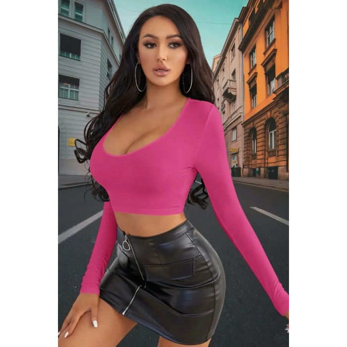 Fuşya Derin U Yaka Crop Top Uzun Kollu Dar Kesim Kadın Bluz