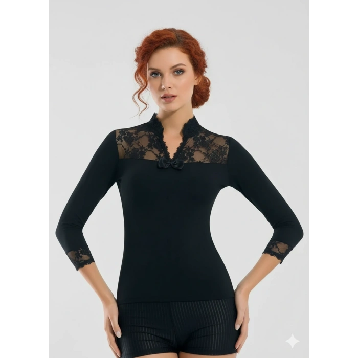 Geniş Dantelli Patlı Uzun Kollu Elestan Bluz  2176