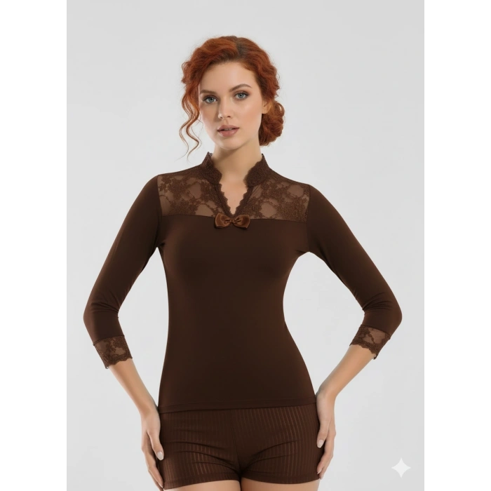 Geniş Dantelli Patlı Uzun Kollu Elestan Bluz  2176