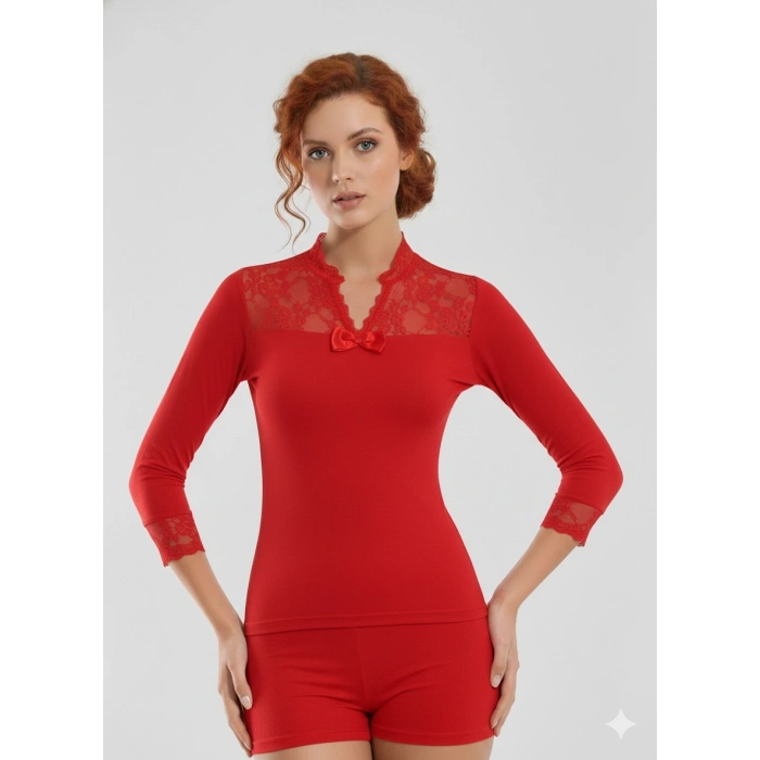 Geniş Dantelli Patlı Uzun Kollu Elestan Bluz  2176