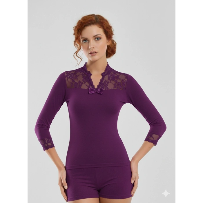 Geniş Dantelli Patlı Uzun Kollu Elestan Bluz  2176