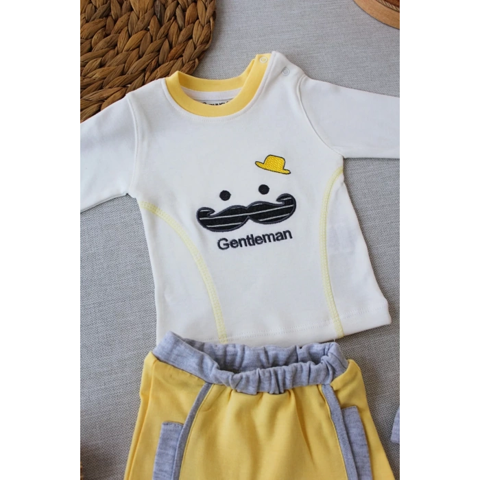 Gentleman Erkek Nakışlı Şapkalı Uzun Kollu Sweat 3lü Erkek Bebek Takımı Sarı