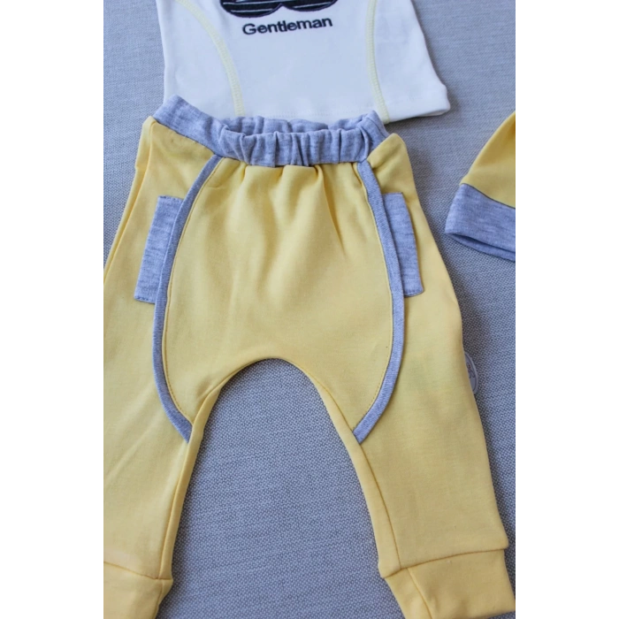 Gentleman Erkek Nakışlı Şapkalı Uzun Kollu Sweat 3lü Erkek Bebek Takımı Sarı