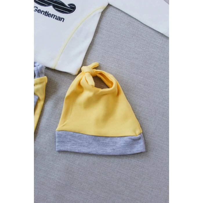 Gentleman Erkek Nakışlı Şapkalı Uzun Kollu Sweat 3lü Erkek Bebek Takımı Sarı