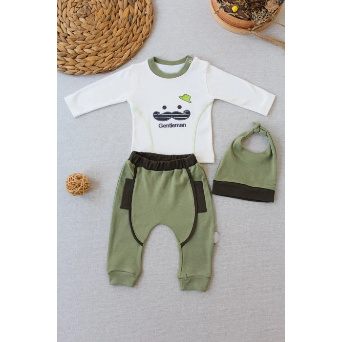 Gentleman Erkek Nakışlı Şapkalı Uzun Kollu Sweat 3lü Erkek Bebek Takımı Yeşil