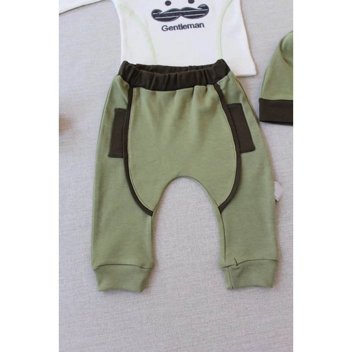 Gentleman Erkek Nakışlı Şapkalı Uzun Kollu Sweat 3lü Erkek Bebek Takımı Yeşil