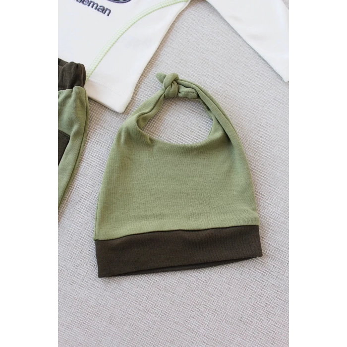 Gentleman Erkek Nakışlı Şapkalı Uzun Kollu Sweat 3lü Erkek Bebek Takımı Yeşil