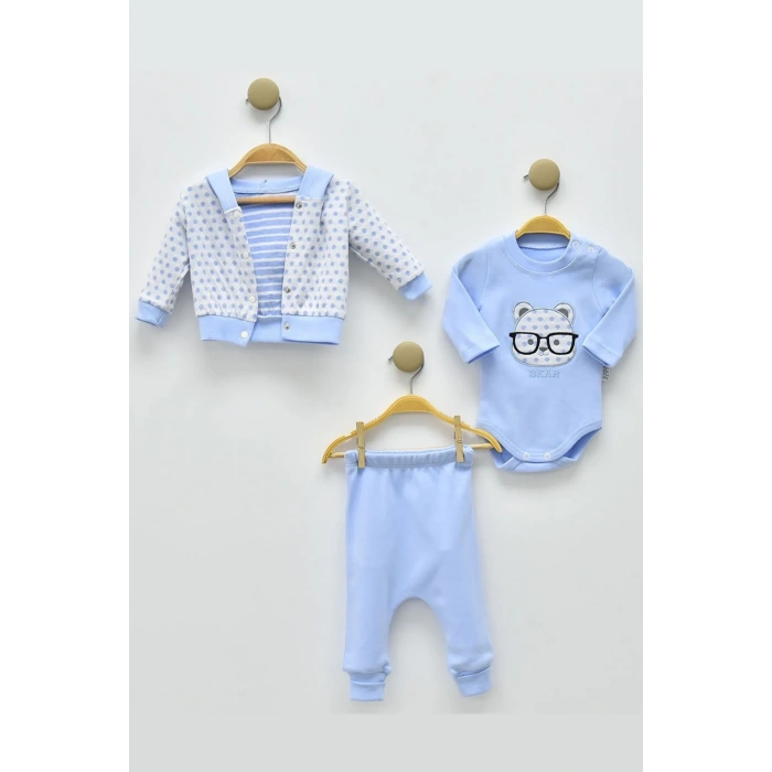 Gözlüklü Bear Puan Desenli 3lü Erkek Bebek Takımı