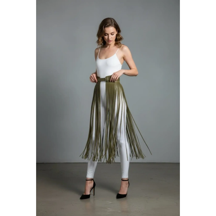 Haki Etek Uzun Püsküllü Yüksek Bel Etek - Brf1003