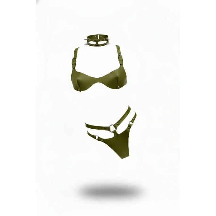 Haki Harness Takım Deri Zımba Detaylı Üç Parça - Brf1298