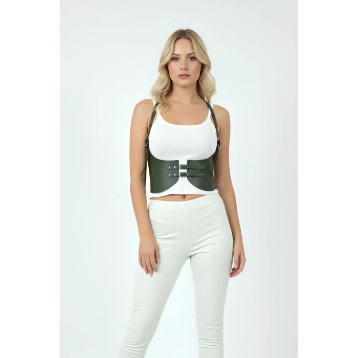 Haki Renk Kalın Kadın Kemeri, Deri Kemer Harness - Brf605