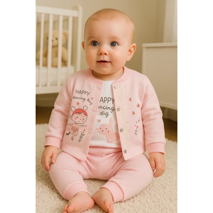 Happy Dancing Desenli 3lü Hırkalı Kız Bebek Takım