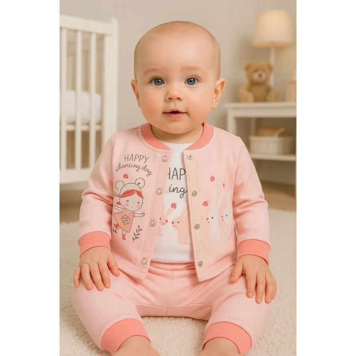 Happy Dancing Desenli 3lü Hırkalı Kız Bebek Takım