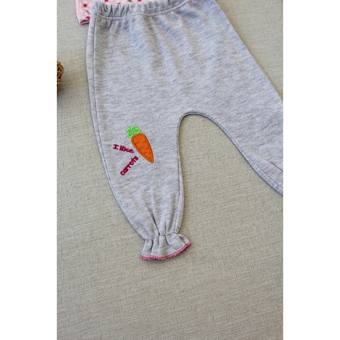 Havuç Tavşan Nakışlı Bandanalı Cepli Uzun Kollu Sweatli 3lü Kız Bebek Tak Pembe