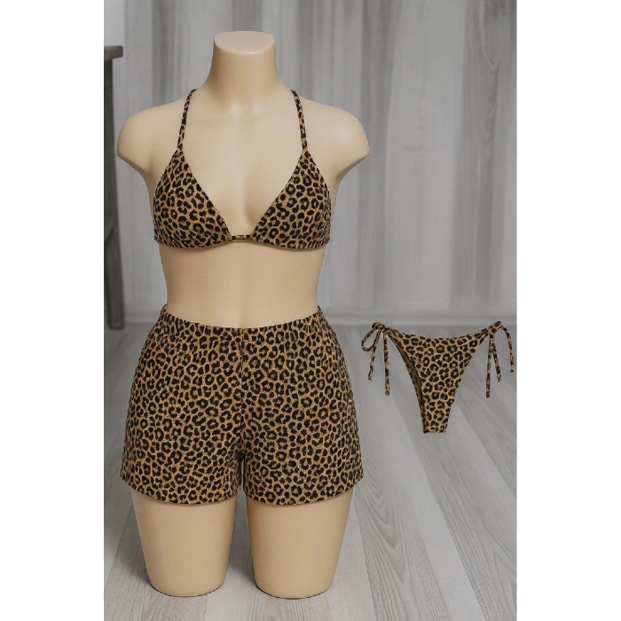 Kadın 3lü Set Leopar Desenli Şortlu Ve Yandan Bağlamalı Bikini Mayo Takımı