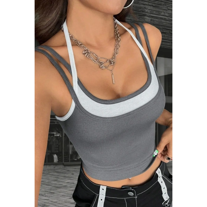 Kadın Antrasit Beyaz Çift Renk Çapraz Askılı Crop Top Bluz Şık Esnek