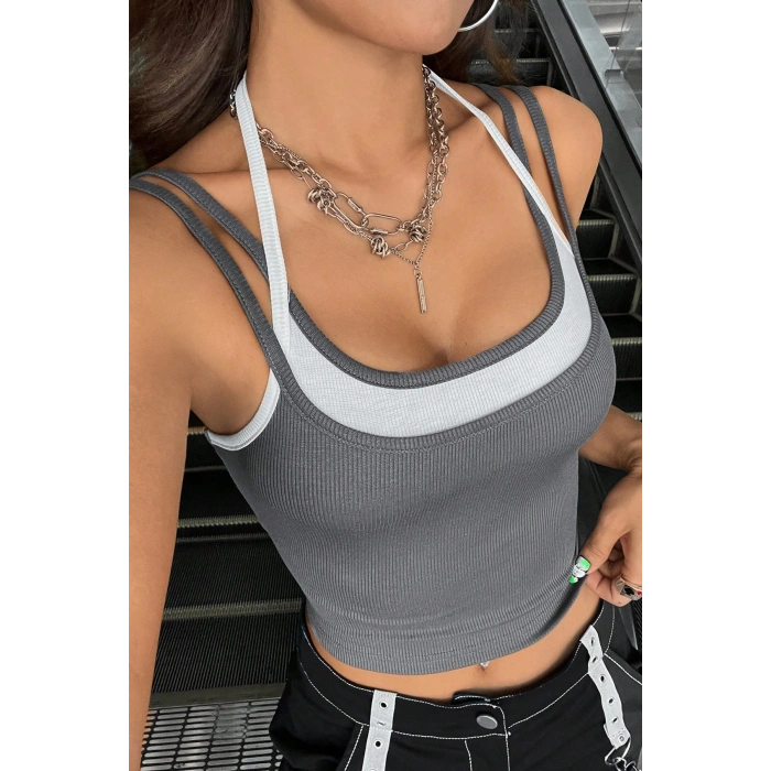 Kadın Antrasit Gri Beyaz Çift Renk Çapraz Askılı Crop Top Bluz