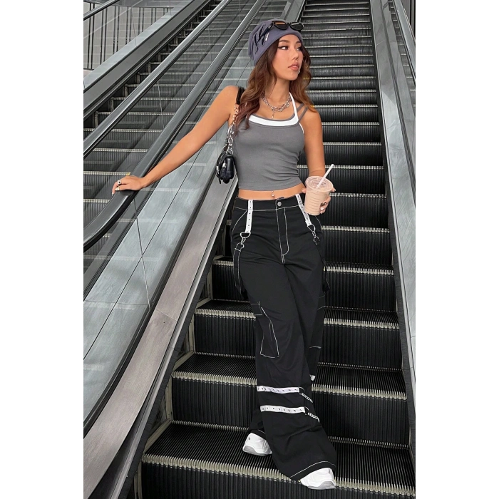 Kadın Antrasit Gri Beyaz Çift Renk Çapraz Askılı Crop Top Bluz