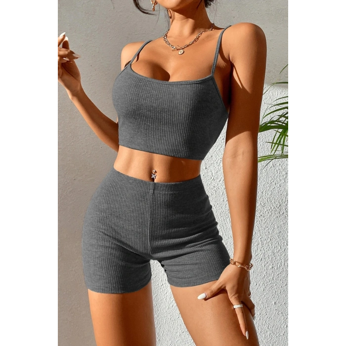 Kadın Antrasit Gri Şortlu Kaşkorse Gecelik Takım
