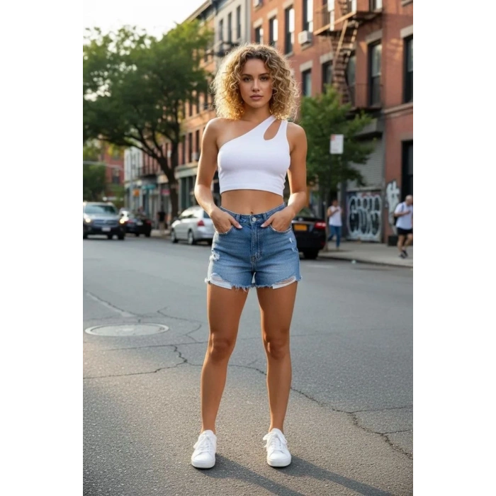 Kadın Beyaz Modern Fit Tek Omuz Cut Out Detaylı Crop Top Bluz