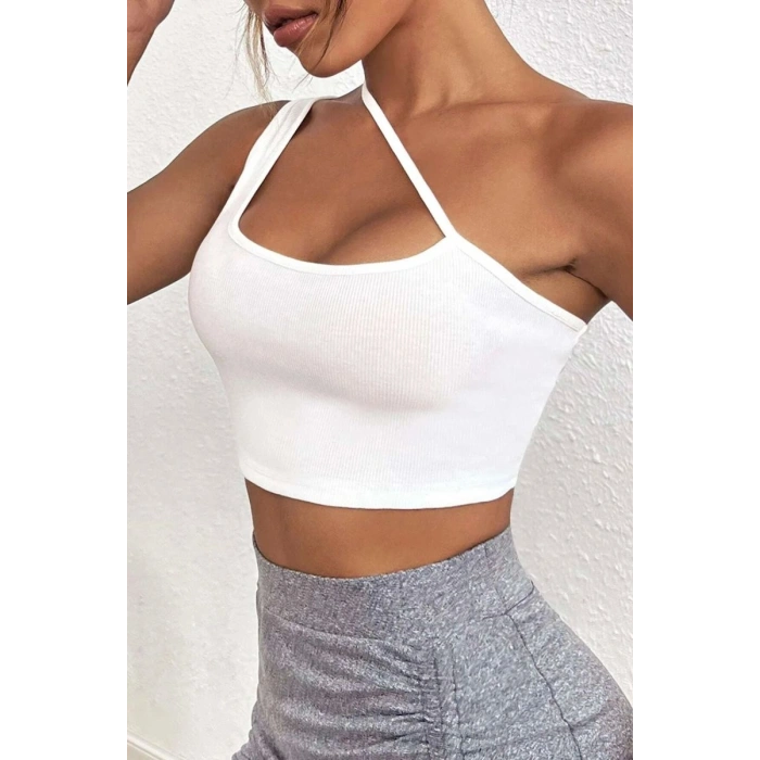 Kadın Beyaz Modern Fit Tek Omuzlu Çapraz Askılı Crop Top Büstiyer