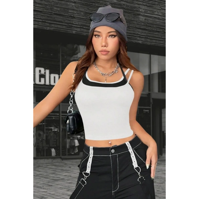 Kadın Beyaz Siyah Çift Renk Çapraz Askılı Crop Top Bluz Şık Esnek