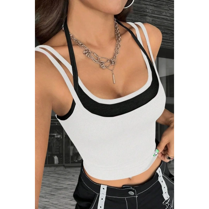 Kadın Beyaz Siyah Çift Renk Çapraz Askılı Crop Top Bluz Şık Esnek