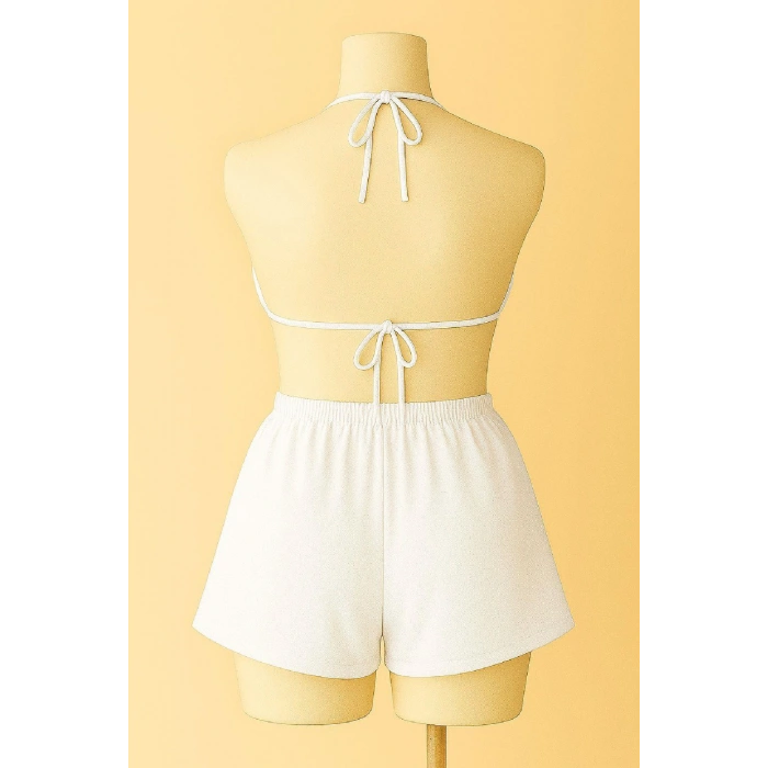 Kadın Beyaz Şortlu Belden Ve Boyundan Bağlamalı Bikini Takımı