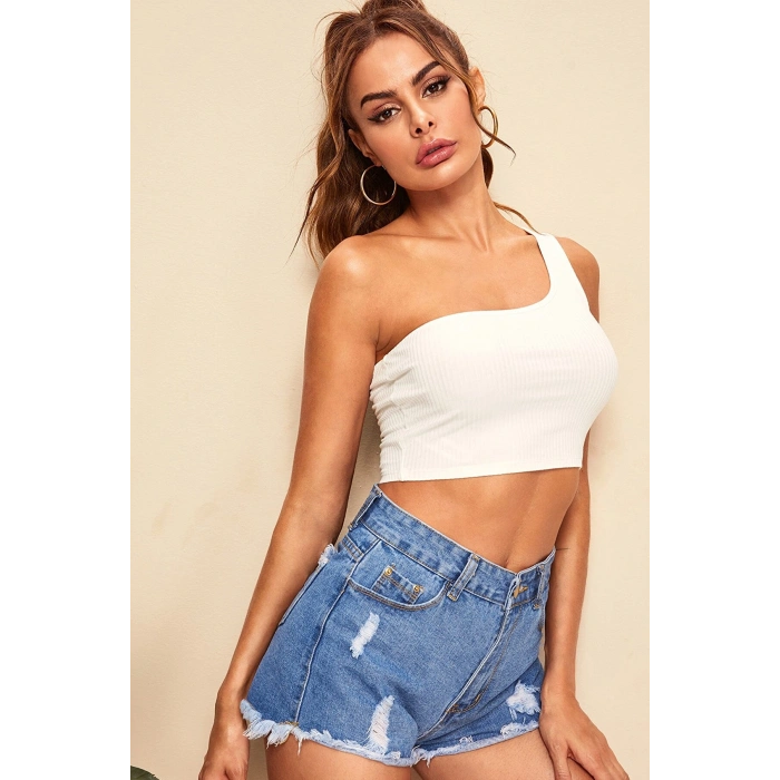 Kadın Beyaz Tek Omuz Crop Büstiyer